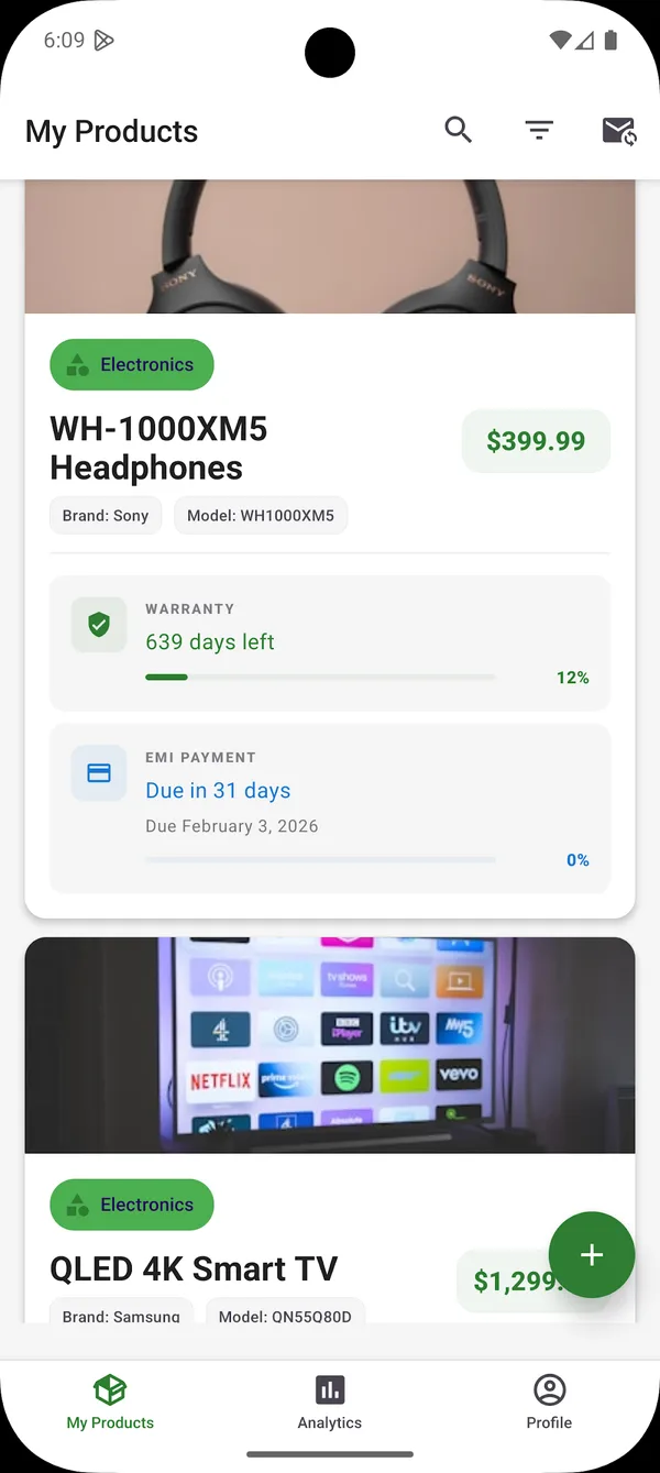 Afterly's product list on Android, showing Sony headphones with 639 days of warranty remaining and an EMI payment due in 31 days.