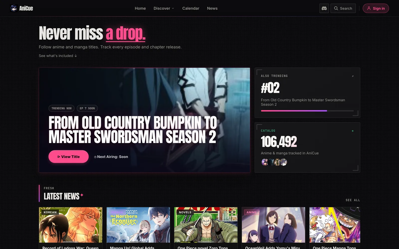 AniCue home page showing a trending anime hero, a live catalogue count of 106,492 tracked titles, and a latest-news row.