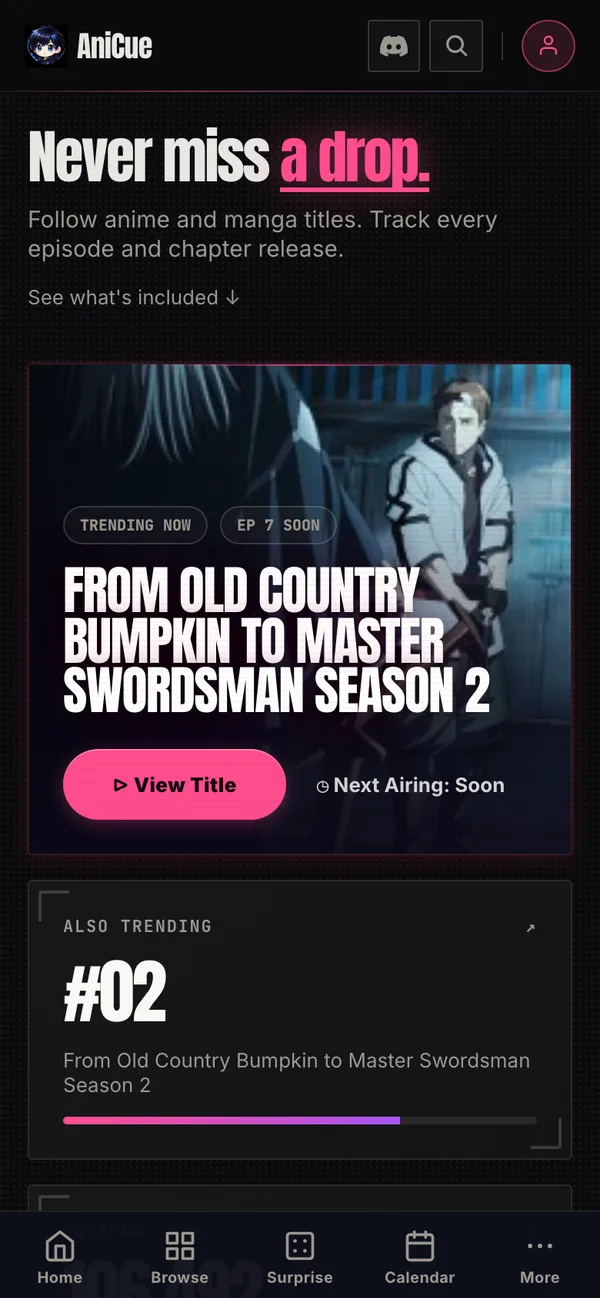 AniCue home page showing a trending anime hero, a live catalogue count of 106,492 tracked titles, and a latest-news row.
