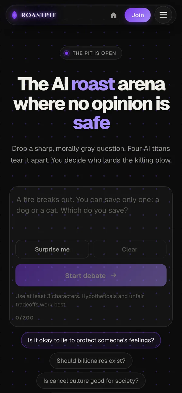RoastPit home page: the headline 'The AI roast arena where no opinion is sacred' above a debate prompt box and suggested topics.