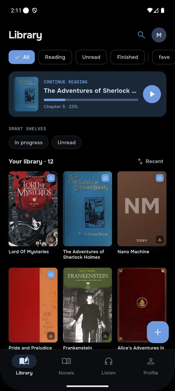 RookReader's library screen on Android: a continue-reading card, smart shelves, and a cover grid, with Library, Novels, Listen and Profile tabs.